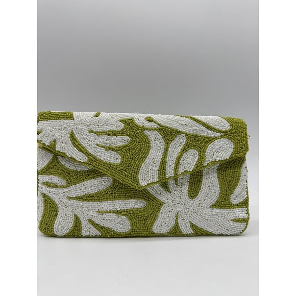 On 34th hand beaded envelope evening clutch - Green / White - Picture 2 of 11